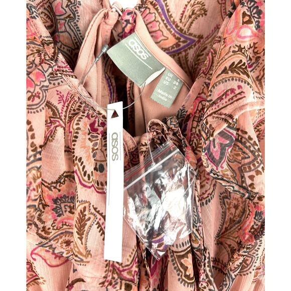 NEW ASOS Peach Floral Long Sleeve Romper Ruffle Neckline Size 6 - Picture 4 of 5